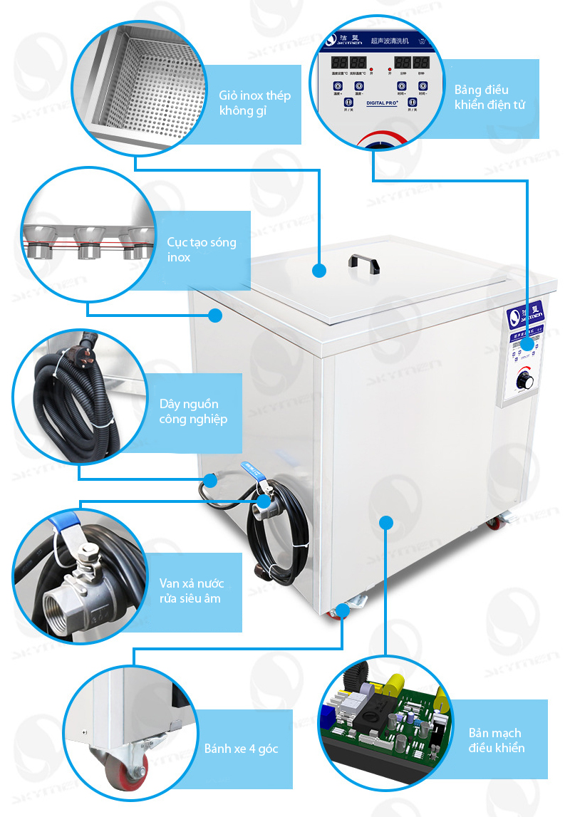 Mô tả chi tiết bể rửa siêu âm công nghiệp JP-180ST hãng Skymen